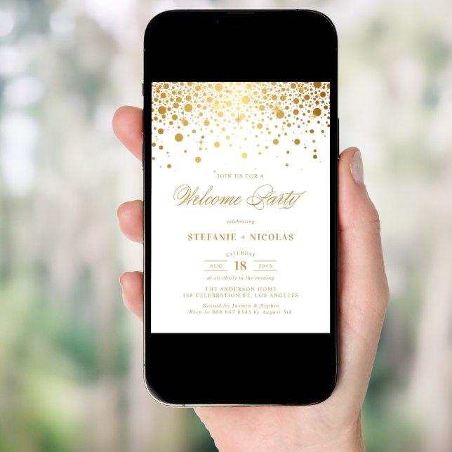 Faux Gold Foil Confetti Dots White Welcome Party Invitation (Front Digital)