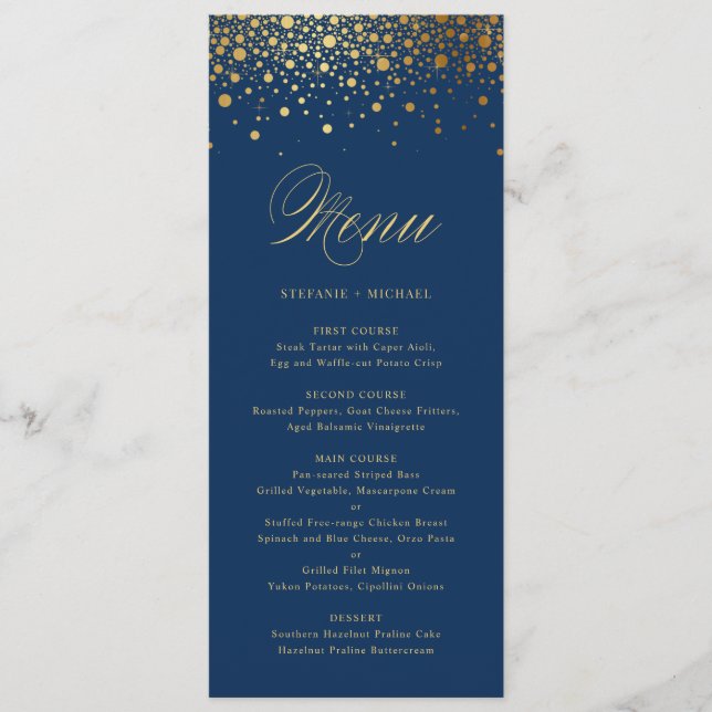 Faux Gold Foil Confetti Elegant Blue Menu Card (Front)