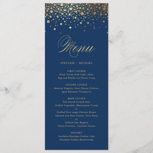 Faux Gold Foil Confetti Elegant Blue Menu Card