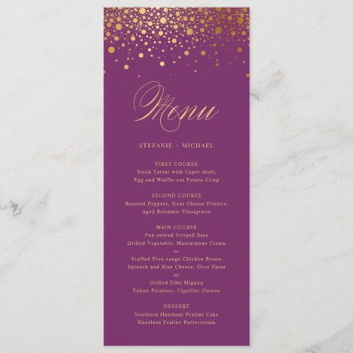 Faux Gold Foil Confetti Elegant Purple Menu Card