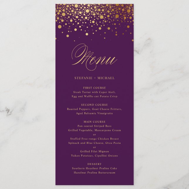 Faux Gold Foil Confetti Elegant Purple Menu Card (Front)