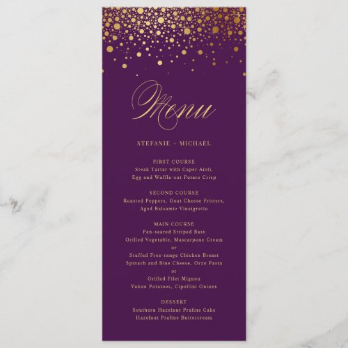 Faux Gold Foil Confetti Elegant Purple Menu Card