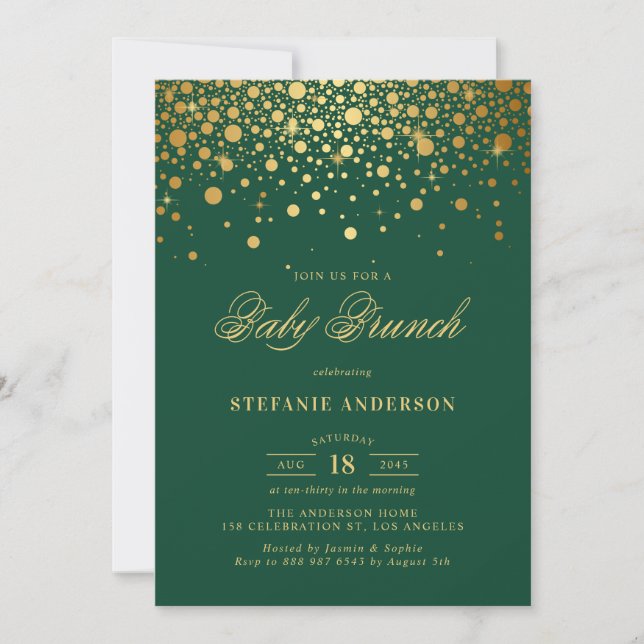 Faux Gold Foil Confetti Green Baby Brunch Invitation (Front)