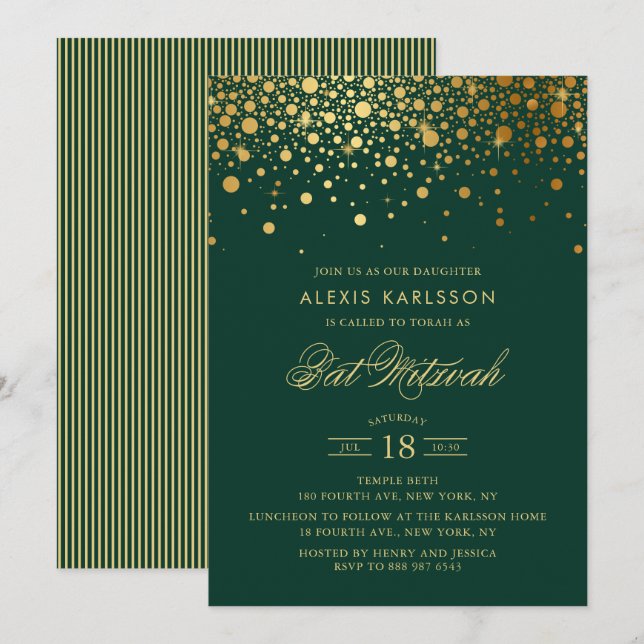 Faux Gold Foil Confetti Green Bat Mitzvah Invitation (Front/Back)