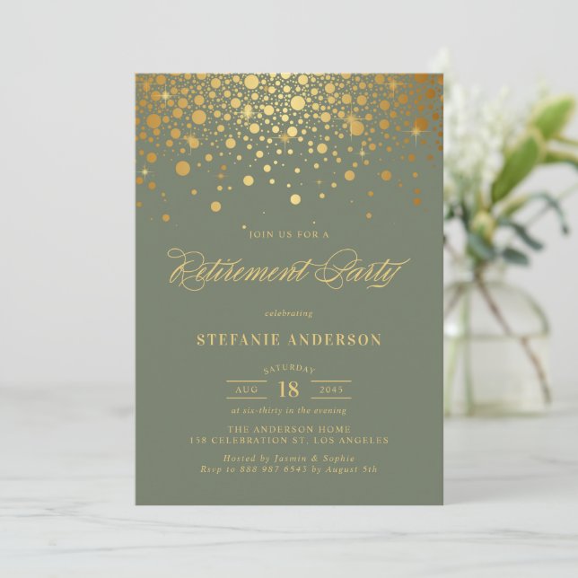Faux Gold Foil Confetti Green Retirement Party Invitation (Standing Front)