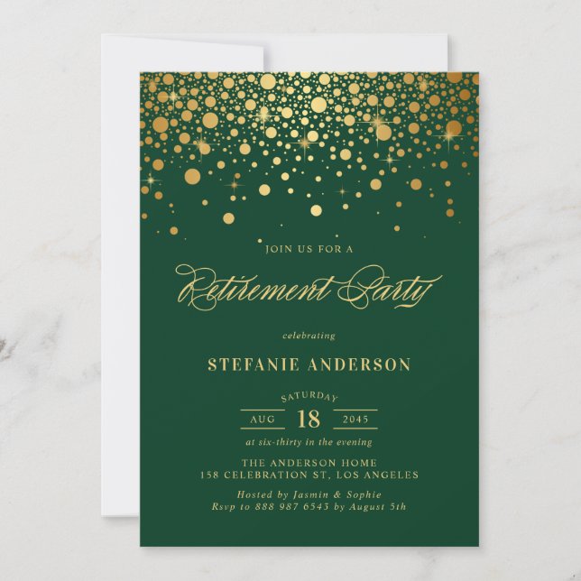Faux Gold Foil Confetti Green Retirement Party Invitation (Front)