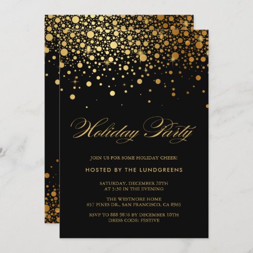Faux Gold Foil Confetti Holiday Party  Black Invitation
