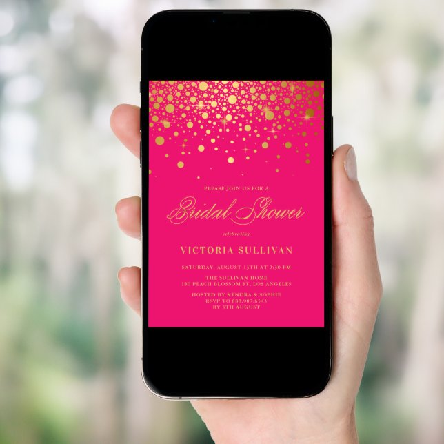 Faux Gold Foil Confetti Hot Pink Bridal Shower Invitation (Front Digital)