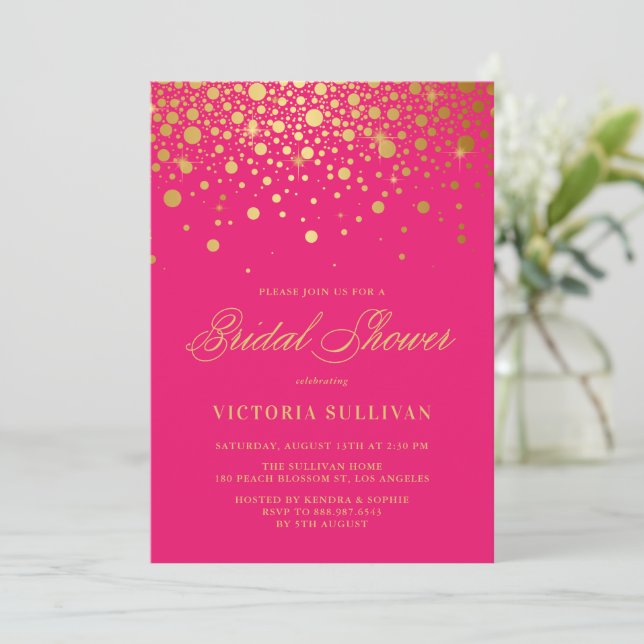 Faux Gold Foil Confetti Hot Pink Bridal Shower Invitation (Standing Front)