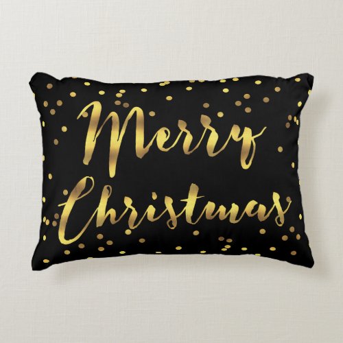 Faux Gold Foil Confetti Merry Christmas Black Decorative Pillow