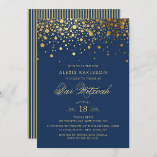 Faux Gold Foil Confetti Navy Blue Bar Mitzvah Invitation