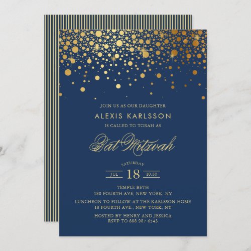 Faux Gold Foil Confetti Navy Blue Bat Mitzvah Invitation