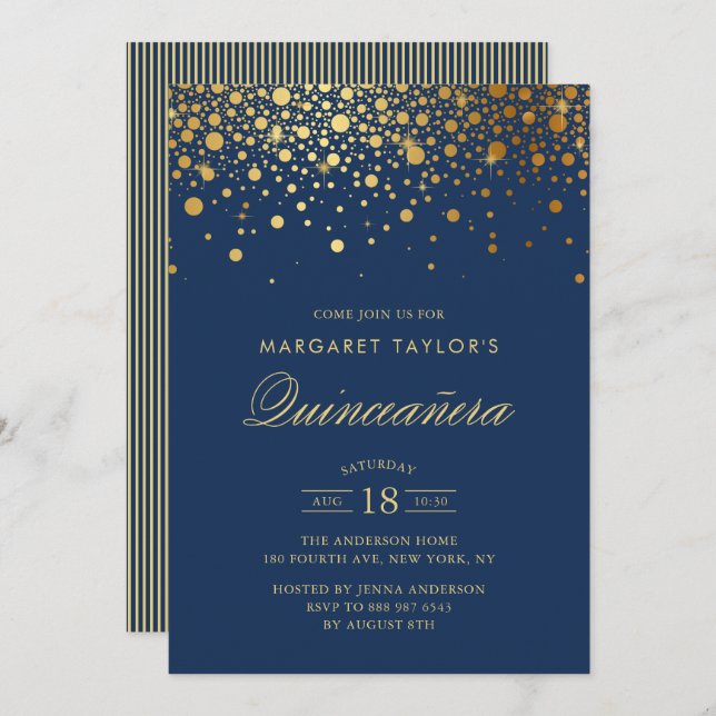 Faux Gold Foil Confetti Navy Blue Quinceañera Invitation (Front/Back)
