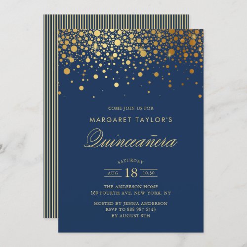 Faux Gold Foil Confetti Navy Blue Quinceaera Invitation