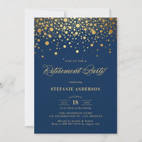 Faux Gold Foil Confetti Navy Blue Retirement Party
