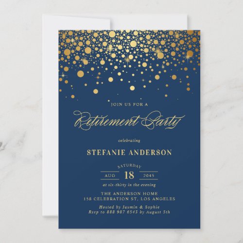 Faux Gold Foil Confetti Navy Blue Retirement Party Invitation
