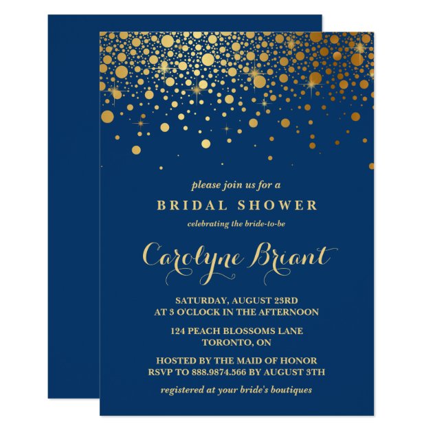 Faux Gold Foil Confetti | Navy Bridal Shower Invitation