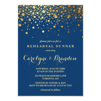 Faux Gold Foil Confetti | Navy Rehearsal Dinner Card