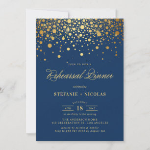 Faux Gold Foil Confetti Navy Rehearsal Dinner Invitation