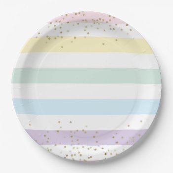 Faux Gold Foil Confetti & Pastel Rainbow Stripes Paper Plates by weddingsnwhimsy at Zazzle