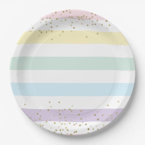 Faux Gold Foil Confetti  Pastel Rainbow Stripes Paper Plates