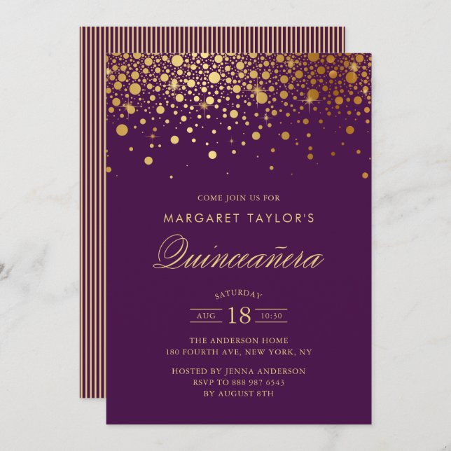 Faux Gold Foil Confetti Purple Quinceañera Invitation (Front/Back)