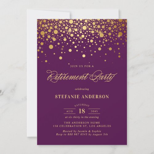 Faux Gold Foil Confetti Purple Retirement Party Invitation