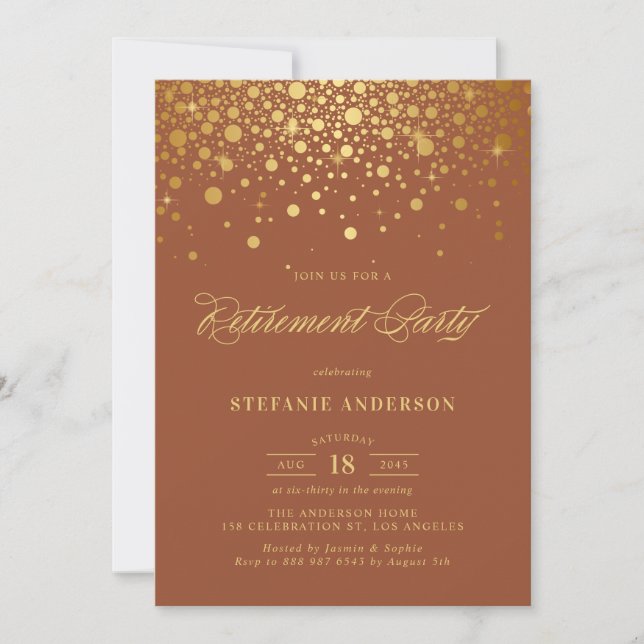 Faux Gold Foil Confetti Terracotta Retirement Invitation (Front)