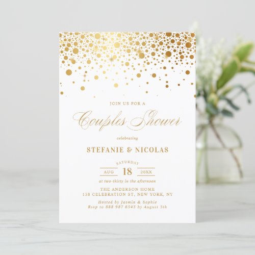 Faux Gold Foil Confetti White Couples Shower Invitation