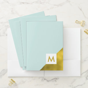 Faux Gold Foil Corner Mint Monogram Pocket Folder