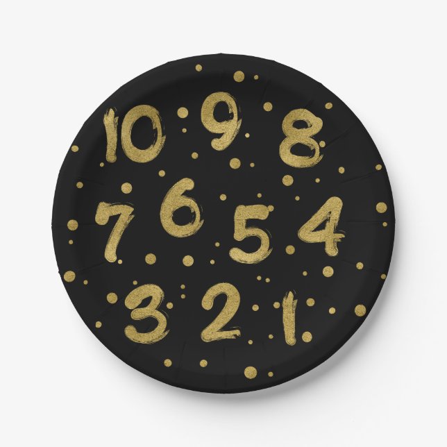 Faux Gold Foil Countdown New Year's Paper Plates (Front)