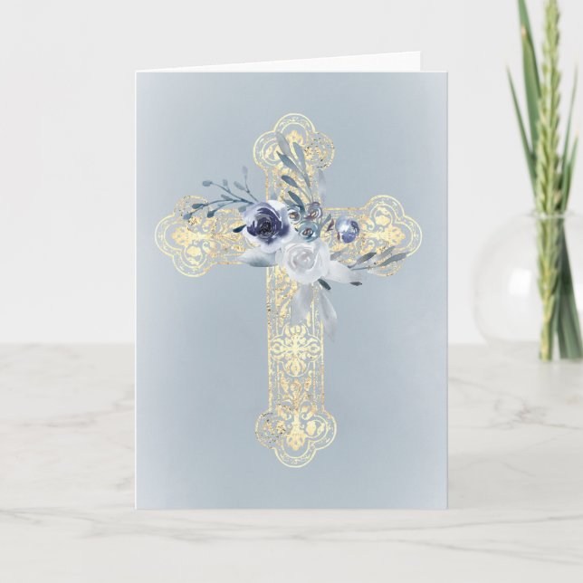 Faux gold foil Cross blue watercolor card (Front)