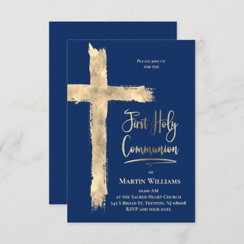 Faux gold foil cross on blue  First Communion Invitation