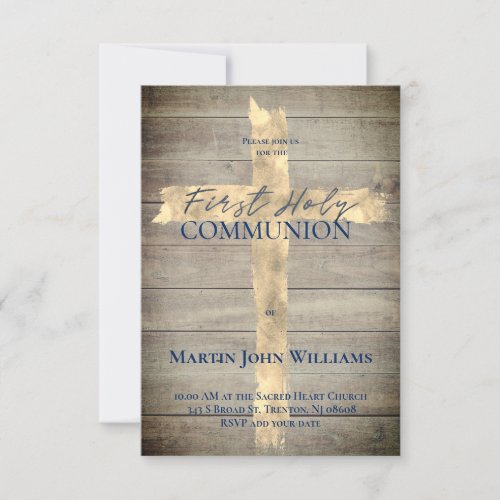 Faux gold foil cross on wood First Communion Invitation