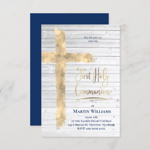 Faux gold foil cross on wood First Communion Invitation