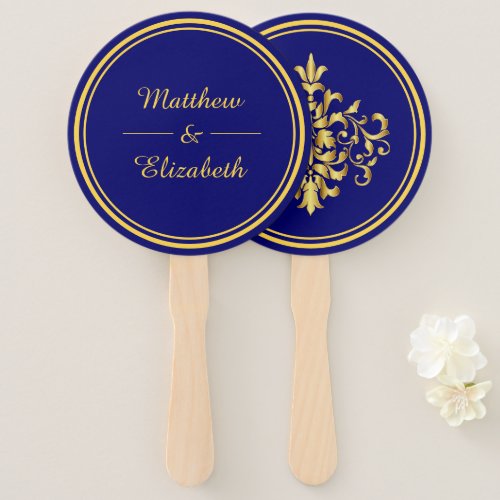 Faux Gold Foil Damask Royal Blue Wedding Hand Fan