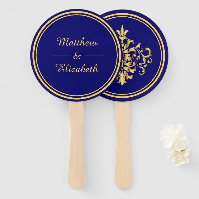 Faux Gold Foil Damask Royal Blue Wedding Hand Fan (Front and Back)