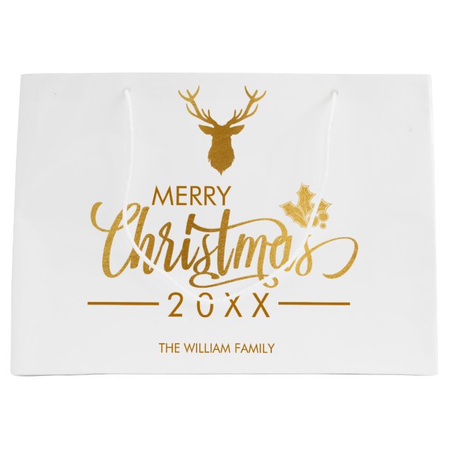 Faux Gold Foil Deer Merry Christmas Personalized Large Gift Bag (Front)