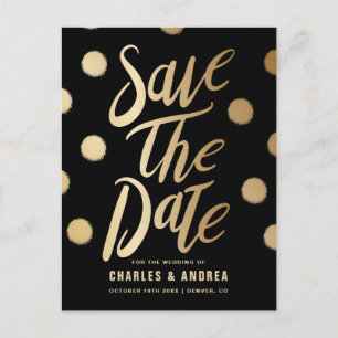 Faux Gold Foil Dots Modern Black Save the Date Announcement Postcard