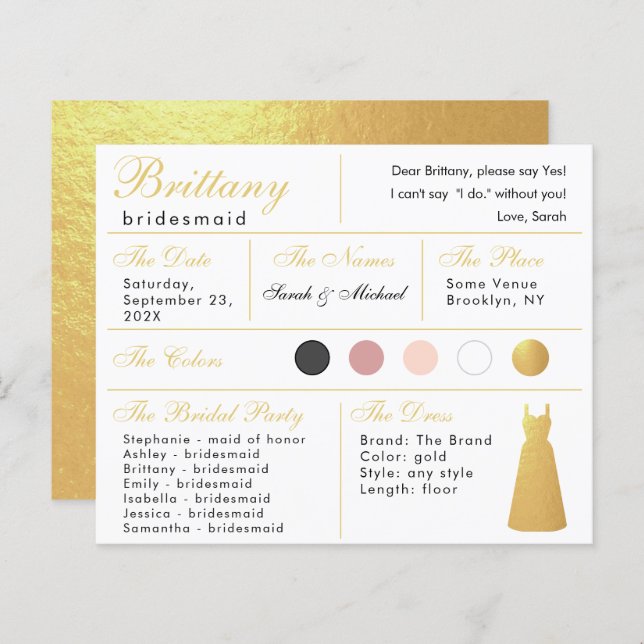 Faux Gold Foil Dress Bridesmaid Information Card (Front/Back)