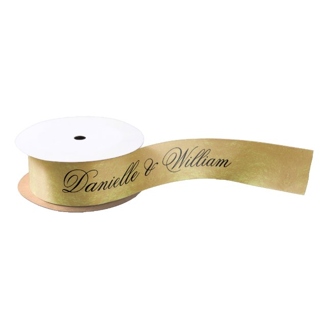 Faux Gold Foil Elegant Black Calligraphy Wedding Satin Ribbon (Spool)
