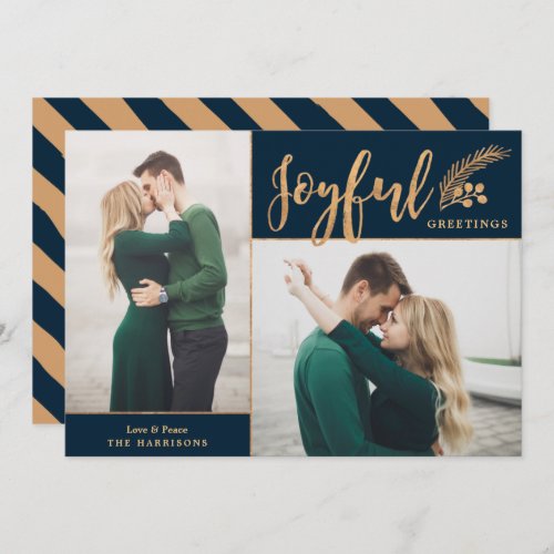 Faux Gold Foil Elegant Greetings Photo  Navy Holiday Card