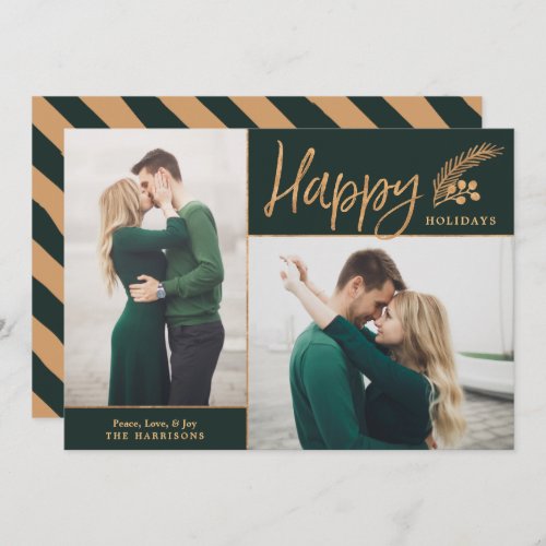 Faux Gold Foil Elegant Happy Photo  Green Holiday Card