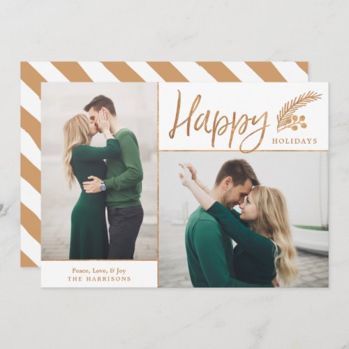 Faux Gold Foil Elegant Happy Photo  White Holiday Card