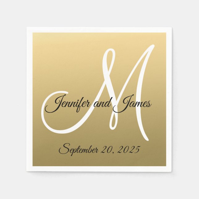 Faux Gold Foil Elegant Monogram Names Wedding Paper Napkins (Front)