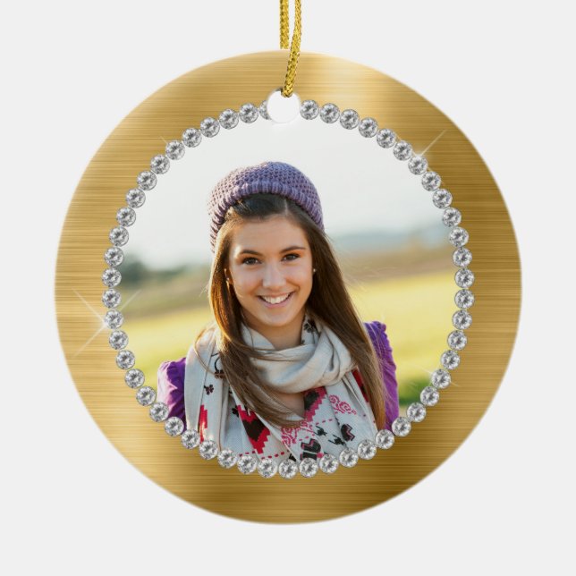 Faux Gold Foil Family Photo Monogram Ceramic Ornament (Front)