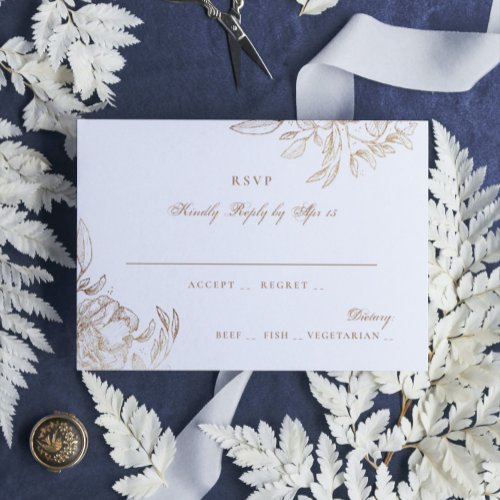 Faux Gold Foil Floral Hand Drawn Elegant Wedding RSVP Card