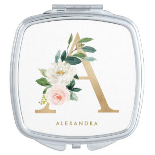 Faux Gold Foil Floral Letter A Monogram Bridesmaid Compact Mirror