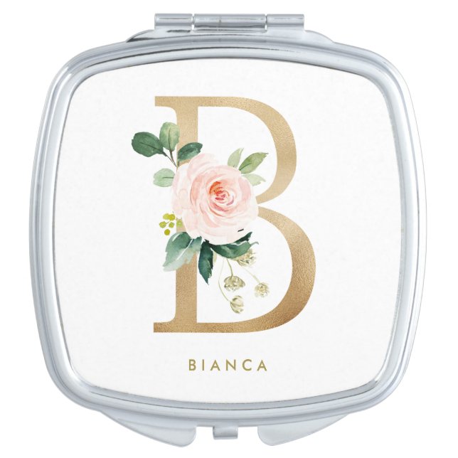 Faux Gold Foil Floral Letter B Monogram Bridesmaid Compact Mirror (Front)
