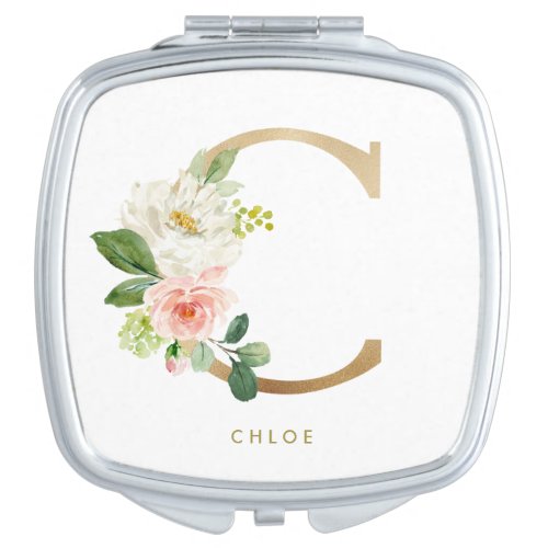 Faux Gold Foil Floral Letter C Monogram Bridesmaid Compact Mirror